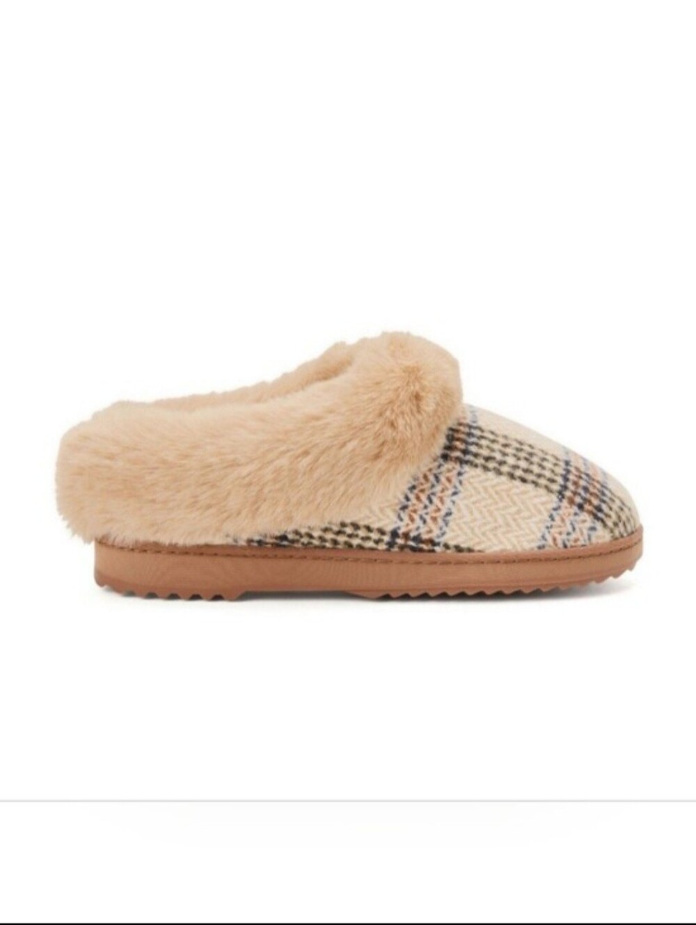 Dearfoams Knit Women's Tan Plaid Cozy Slip-On Slippers - Small 5-6 - Picture 3 of 3